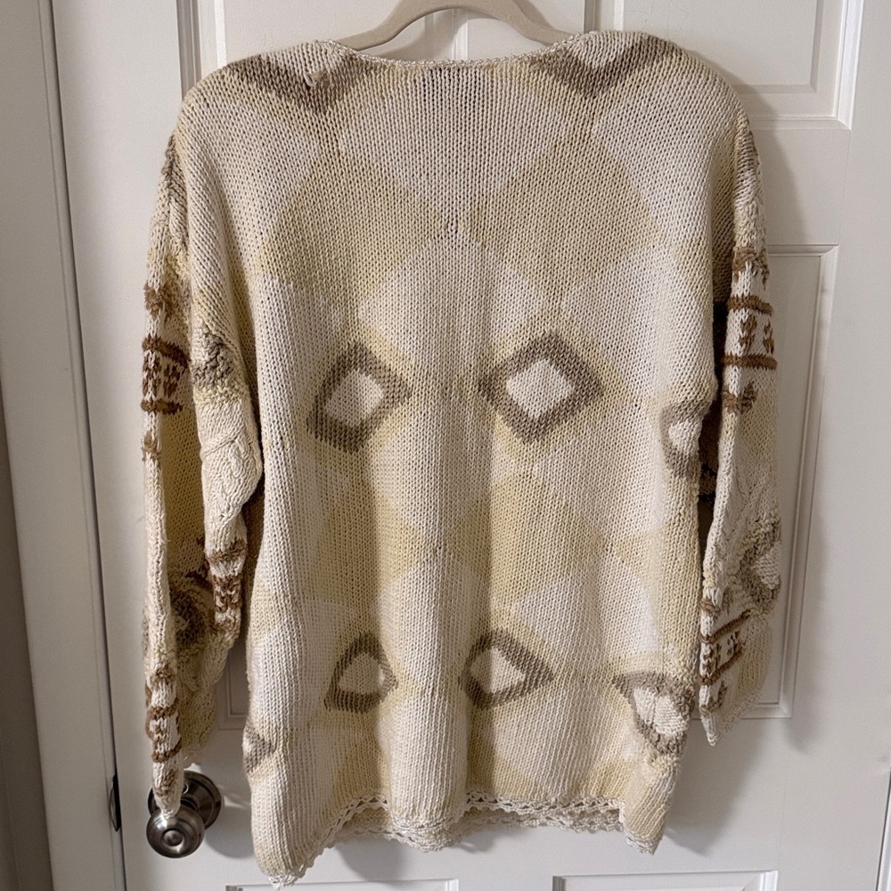 VINTAGE 90’s New York Style Hand-Knit Chunky Boho Sweater Ivory/Tan Medium - Picture 6 of 6